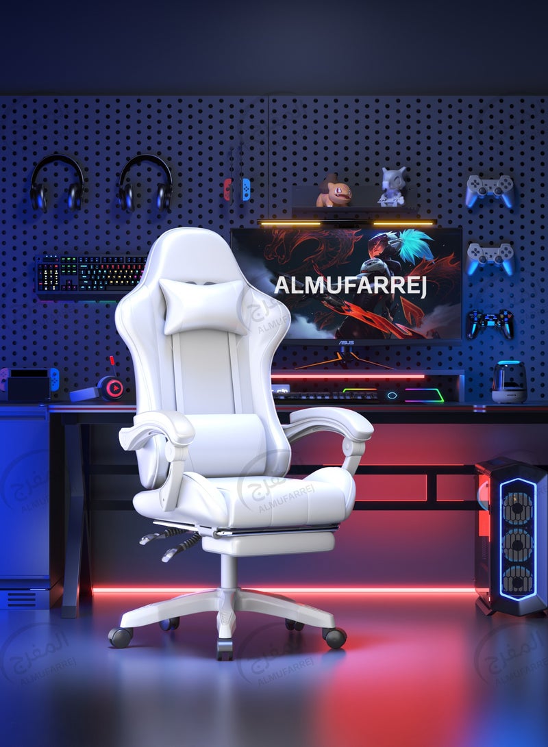 ALMUFARREJ Gaming Chair Adjustable Computer Chair Pc Office Pu Leather High Back Lumbar Support Comfortable Armrest Headrest White  - Image 2