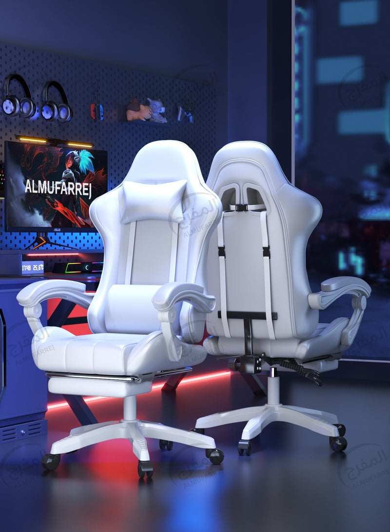 ALMUFARREJ Gaming Chair Adjustable Computer Chair Pc Office Pu Leather High Back Lumbar Support Comfortable Armrest Headrest White  - Image 3