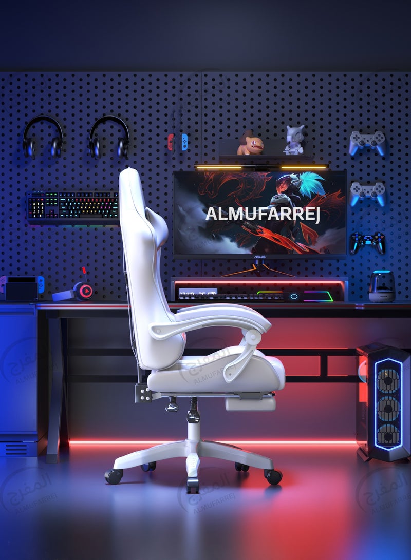 ALMUFARREJ Gaming Chair Adjustable Computer Chair Pc Office Pu Leather High Back Lumbar Support Comfortable Armrest Headrest White  - Image 5