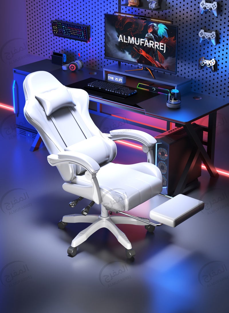 ALMUFARREJ Gaming Chair Adjustable Computer Chair Pc Office Pu Leather High Back Lumbar Support Comfortable Armrest Headrest White  - Image 4