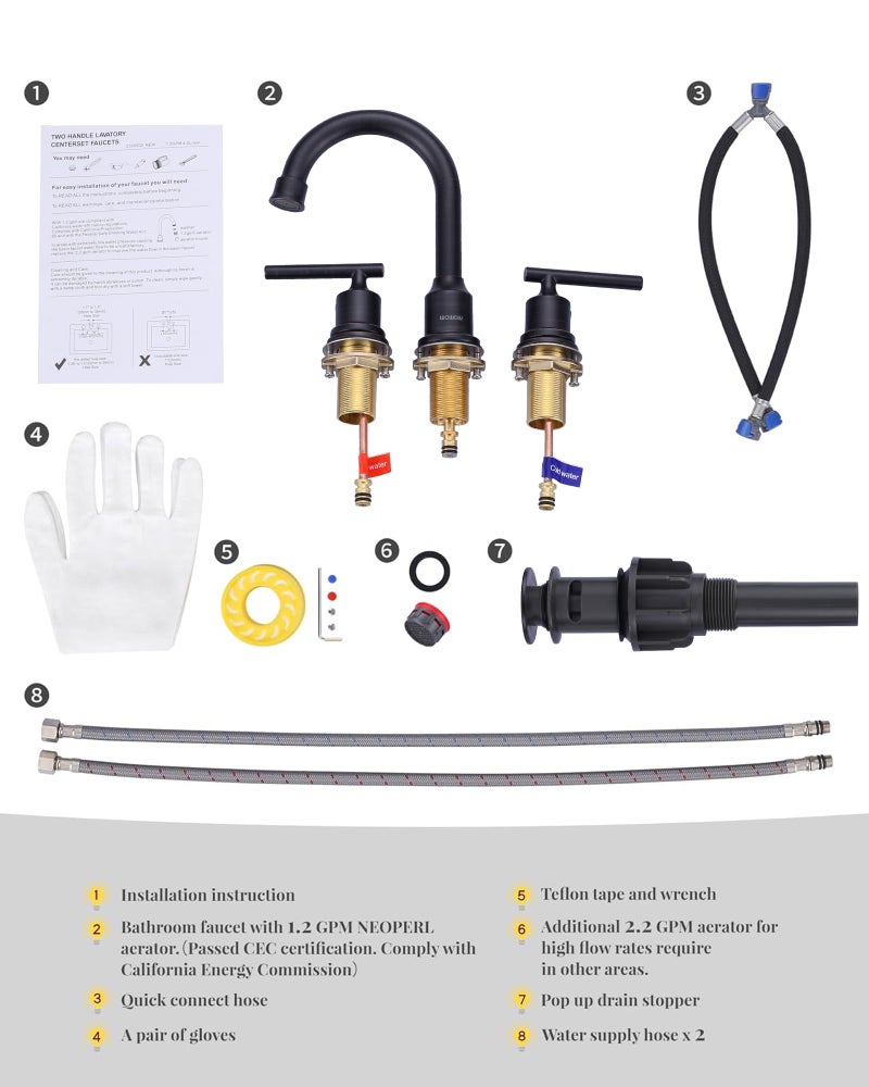 WOWOW 2 Handle Bathroom Faucet Oil Rubbed Bronze Bathroom Sink Faucet Widespread Vanity Faucet 3 Hole with Pop Up Drain and Supply Hoses High Arc Basin Faucet Brass - Image 5