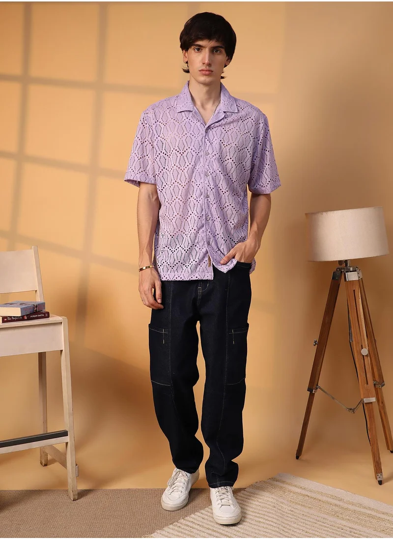 Campus Sutra Men's Lavender Boho Knit Oversized Shirt
