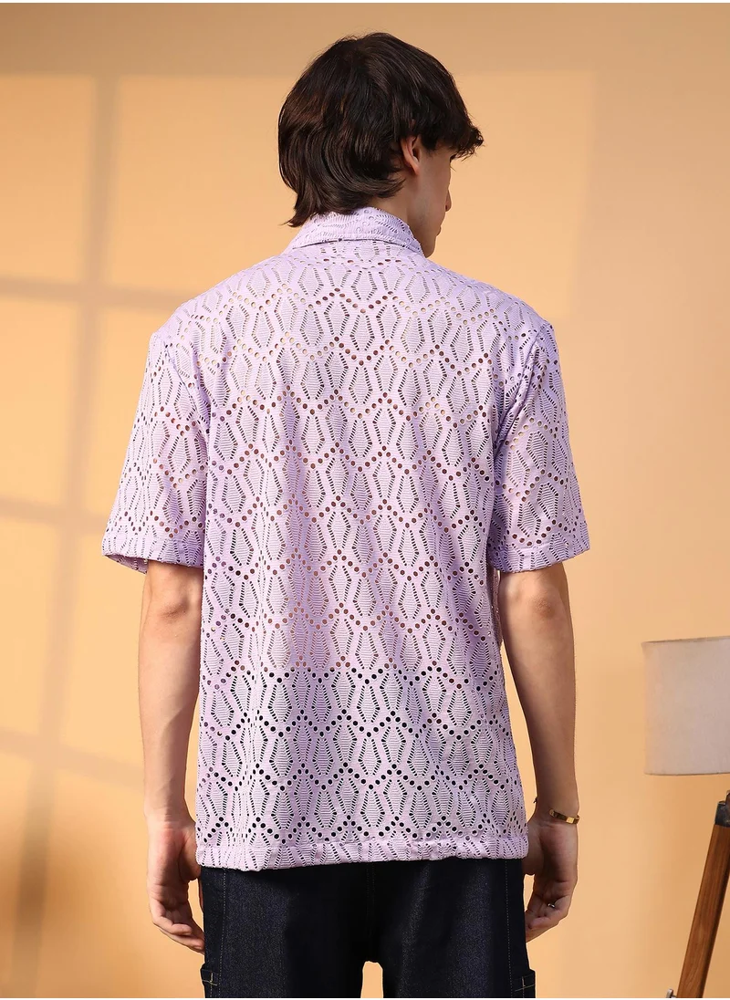 Campus Sutra Men's Lavender Boho Knit Oversized Shirt