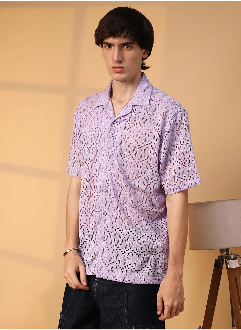 Campus Sutra Men's Lavender Boho Knit Oversized Shirt