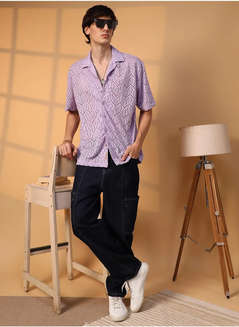Campus Sutra Men's Lavender Boho Knit Oversized Shirt