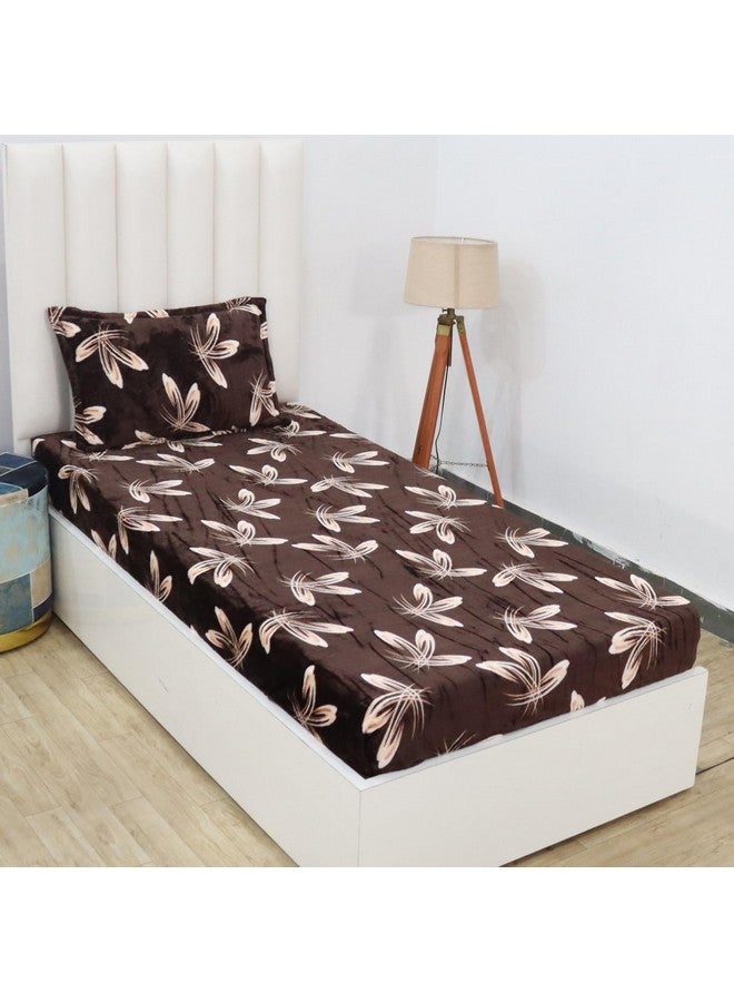 RD TREND 190 GSM Flannel Elastic Warm bedsheets for Winter Single Fitted Size (72x48x8 Inches) with 1 Pillow Cover Size (18x28 Inches) Colour Coffee Flower - Image 1