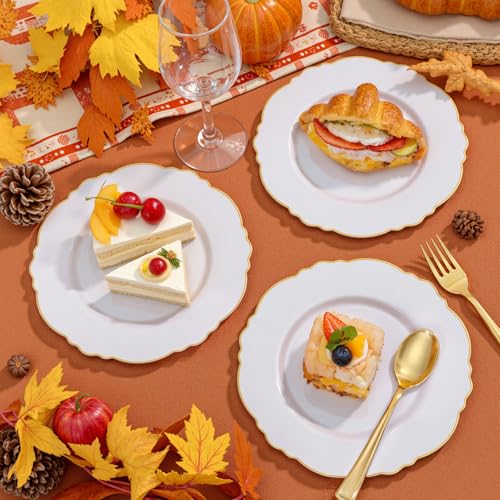 WDF 60pcs Gold Dessert Plates-7.5inch Baroque White and Gold Small Plastic Plates/Disposable Dessert/Salad/Cake/Appetizer Plastic Plate for Upscale Thanksgiving Parties/Wedding/Birthday - Image 3