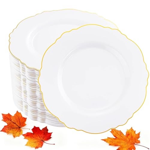 WDF 60pcs Gold Dessert Plates-7.5inch Baroque White and Gold Small Plastic Plates/Disposable Dessert/Salad/Cake/Appetizer Plastic Plate for Upscale Thanksgiving Parties/Wedding/Birthday - Image 1