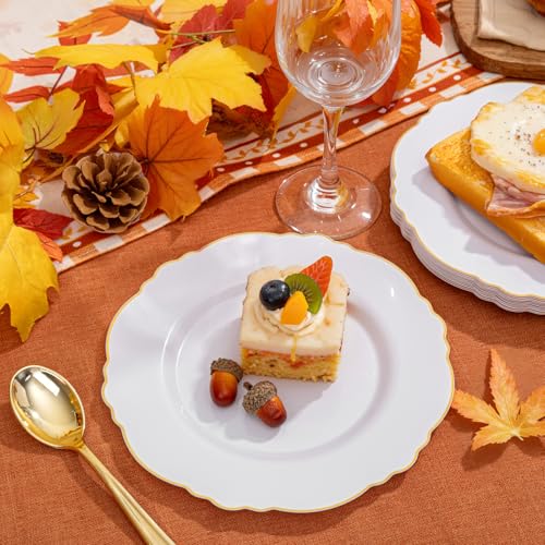 WDF 60pcs Gold Dessert Plates-7.5inch Baroque White and Gold Small Plastic Plates/Disposable Dessert/Salad/Cake/Appetizer Plastic Plate for Upscale Thanksgiving Parties/Wedding/Birthday - Image 5