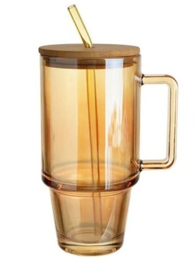Happy Home Glass Mug with Lids and Straws - 680Ml Tumbler with Handle and Straw Glass Water Bottles Drinking Glasses Glass Straws Iced Coffee Cups Travel Coffee Mug Smoothie Cup Glass Tumbler- Honey