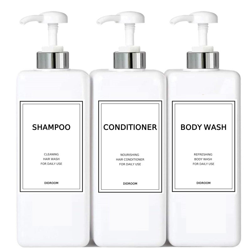 DIDROOM Modern Silver Shampoo and Conditioner Dispenser (21 oz, Pack of 3) Refillable Pump Bottle Set Empty Shower Plastic Bottles with Pump for Bathroom Body Wash Soap and Shower - Image 1