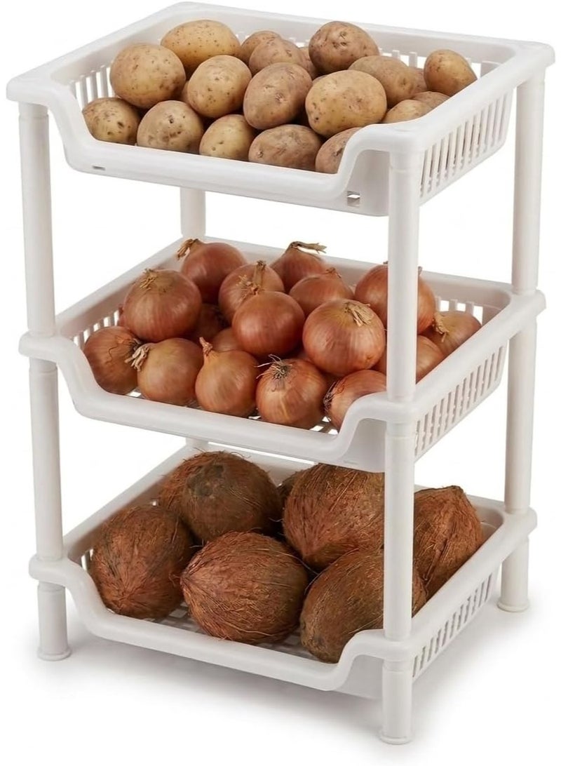 Plastic Kitchen Vegetable Storage Rack | Multi-Use Potato Onion Garlic Organizer | Practical Floor Basket for Home (White, 3) - Image 4