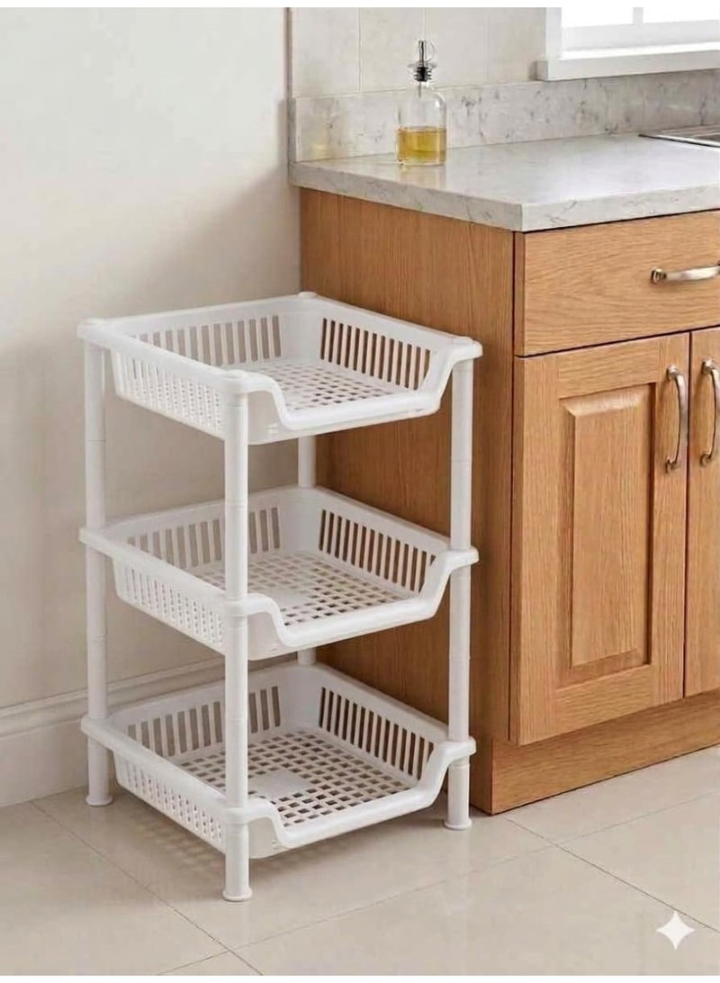Plastic Kitchen Vegetable Storage Rack | Multi-Use Potato Onion Garlic Organizer | Practical Floor Basket for Home (White, 3) - Image 2