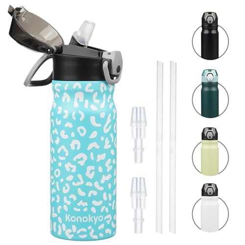 Konokyo Insulated Water Bottle with Straw and Carry Loop,18 oz Stainless Steel Double Wall Vaccum Metal Water Flask with Leak-proof Lid,Blue Leopard - Image 1