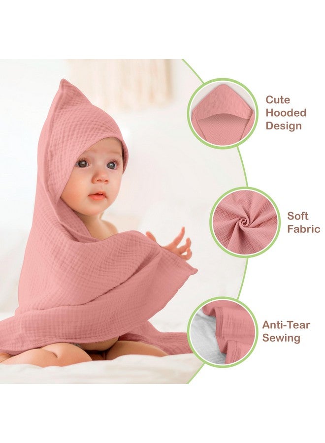 infancie Organic Cotton Muslin Baby Hooded Towels - 32x32 Inch, 2 Pack Newborn Bath Towels for Boys & Girls, Soft & Absorbent Bath Set (Rose/Peach) - Image 2