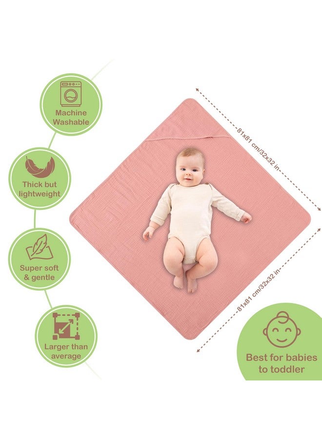 infancie Organic Cotton Muslin Baby Hooded Towels - 32x32 Inch, 2 Pack Newborn Bath Towels for Boys & Girls, Soft & Absorbent Bath Set (Rose/Peach) - Image 3