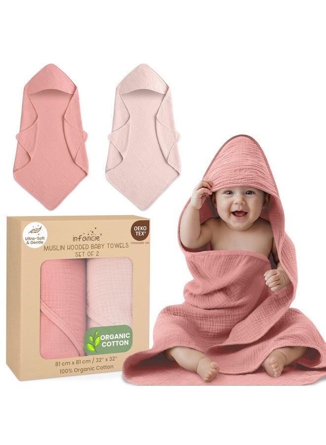 infancie Organic Cotton Muslin Baby Hooded Towels - 32x32 Inch, 2 Pack Newborn Bath Towels for Boys & Girls, Soft & Absorbent Bath Set (Rose/Peach) - Image 1