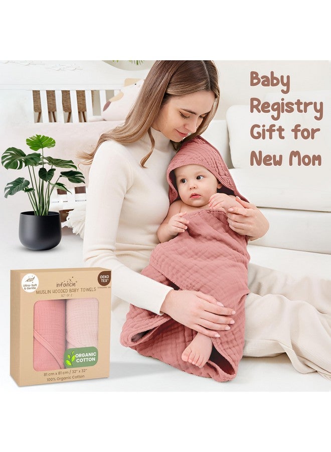 infancie Organic Cotton Muslin Baby Hooded Towels - 32x32 Inch, 2 Pack Newborn Bath Towels for Boys & Girls, Soft & Absorbent Bath Set (Rose/Peach) - Image 4