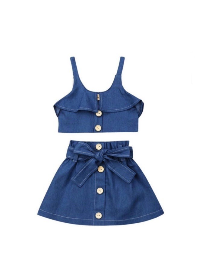 Baby Denim Cotton Outfit Set, Ruffled Top & Skirt with Bow, 12-18 Months - Image 1