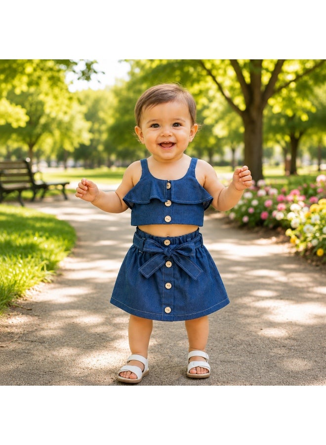 Baby Denim Cotton Outfit Set, Ruffled Top & Skirt with Bow, 12-18 Months - Image 4
