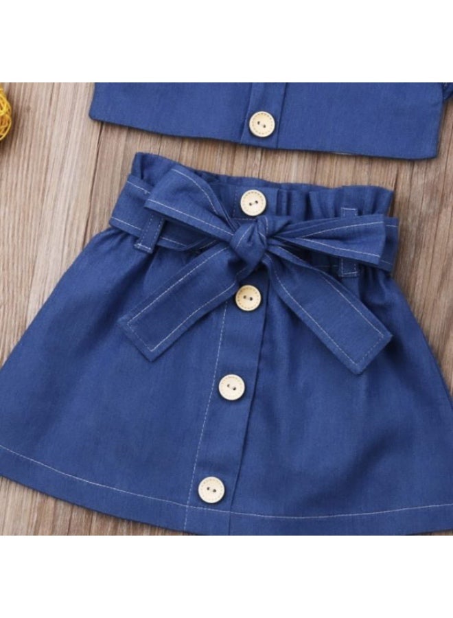 Baby Denim Cotton Outfit Set, Ruffled Top & Skirt with Bow, 12-18 Months - Image 2