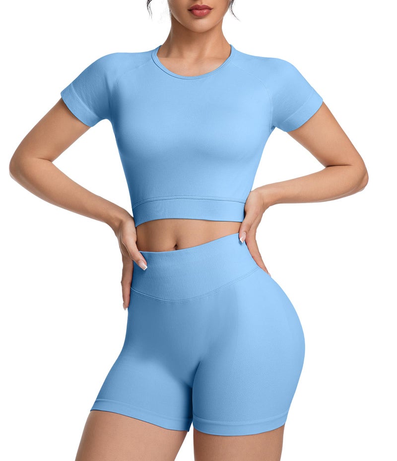 OVESPORT 2 Piece Workout Sets for Women Impact Crop Top Shirts and Seamless Gym Shorts Outfits - Image 1