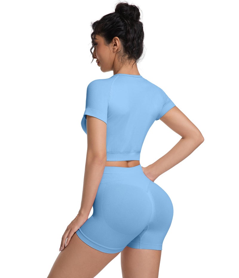 OVESPORT 2 Piece Workout Sets for Women Impact Crop Top Shirts and Seamless Gym Shorts Outfits - Image 2