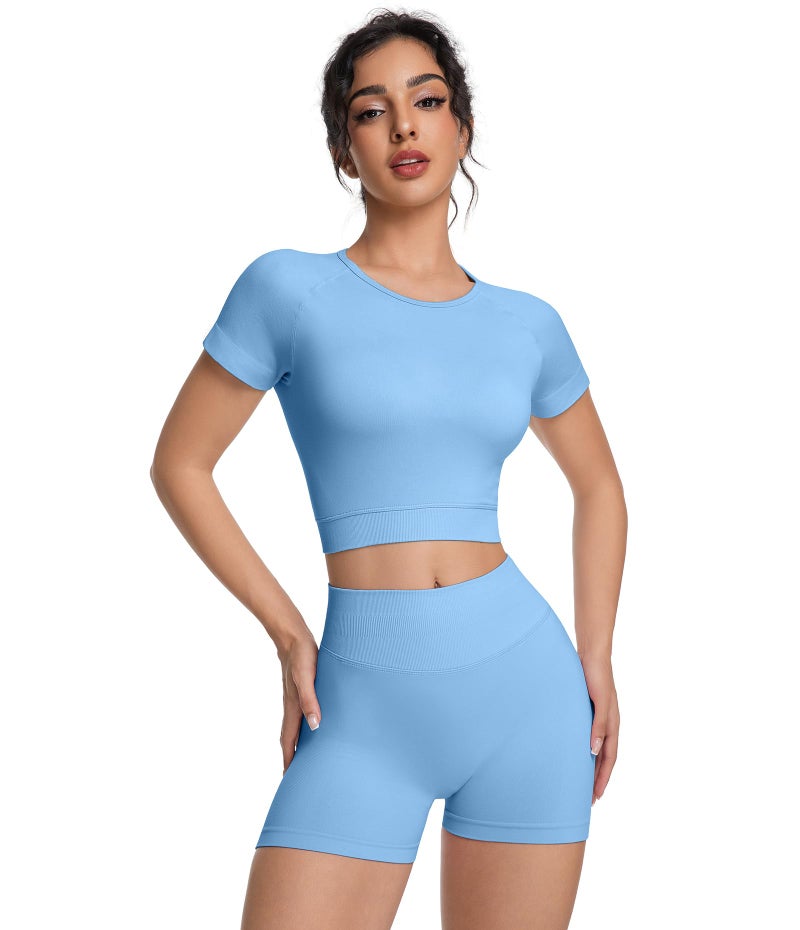 OVESPORT 2 Piece Workout Sets for Women Impact Crop Top Shirts and Seamless Gym Shorts Outfits - Image 3