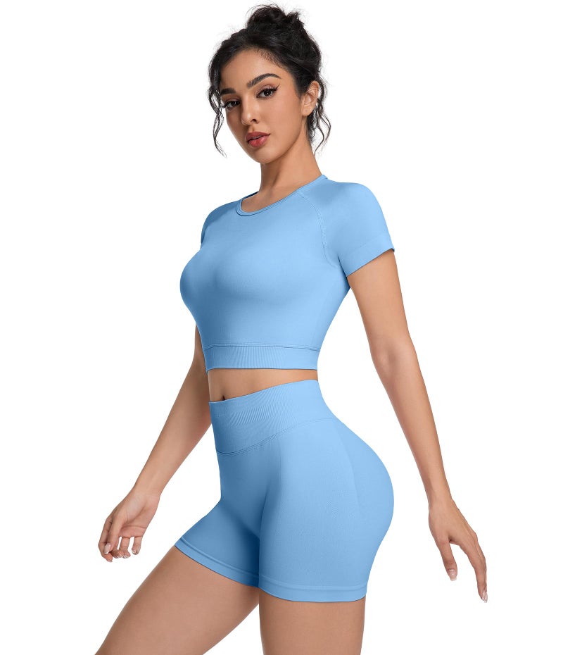 OVESPORT 2 Piece Workout Sets for Women Impact Crop Top Shirts and Seamless Gym Shorts Outfits - Image 4