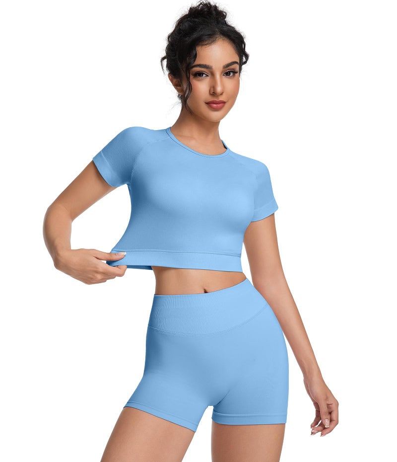 OVESPORT 2 Piece Workout Sets for Women Impact Crop Top Shirts and Seamless Gym Shorts Outfits - Image 5