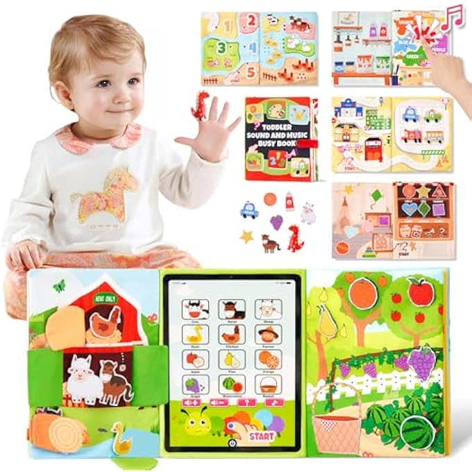 Giant bean Busy Book for Toddlers 13 Busy Board Montessori Toys with Sound Panel for 1 2 3 4 5 Year Old Activity Book Preschool Learning Toys Quiet Books Birthday Gift Travel Toy for Airplane Car - Image 1