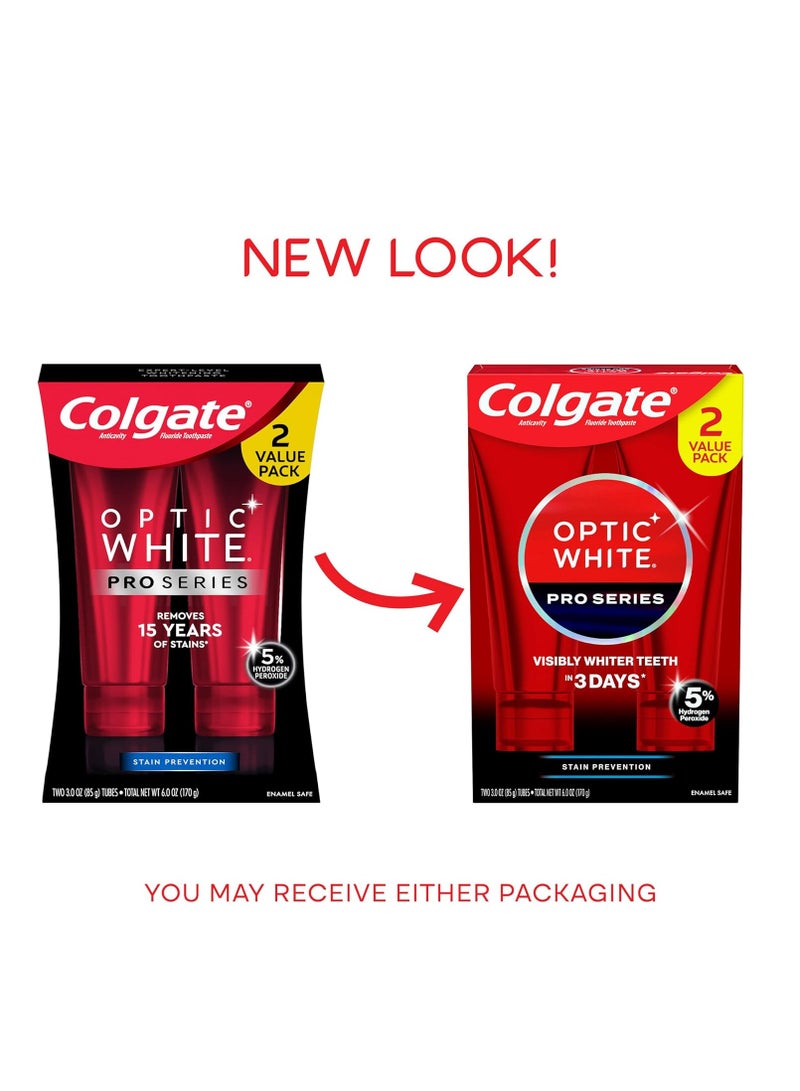 Colgate Optic White Pro Series Whitening Toothpaste with 5% Hydrogen Peroxide, Stain Prevention, 3 oz Tube, 2 Pack