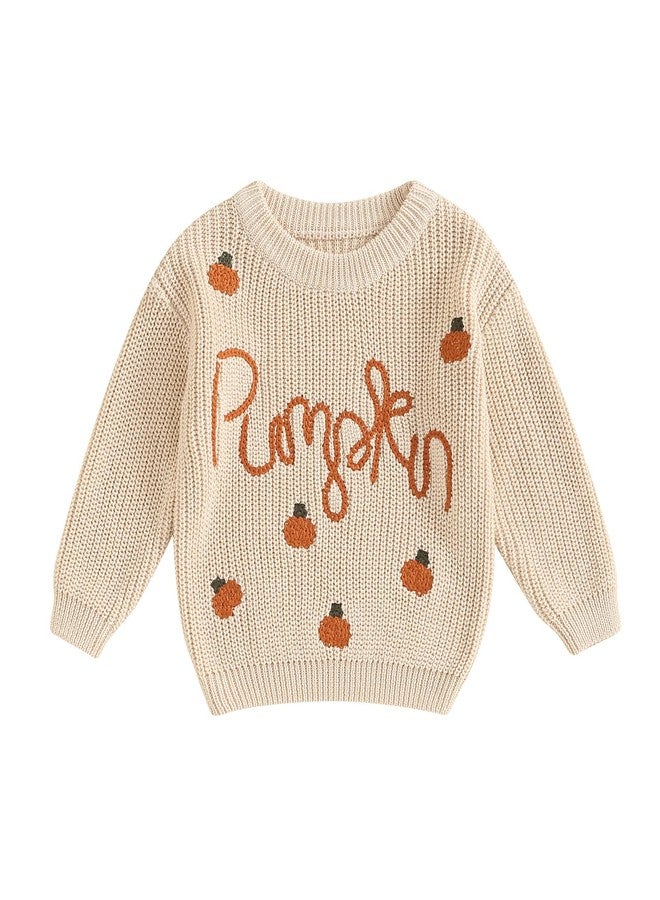 FOMOYUU Toddler Newborn Baby Girl Boy Knit Sweater Halloween Outfit Embroidery Warm Crewneck Tops Fall Winter Clothes (Beige4, 6-9 Months) - Image 1