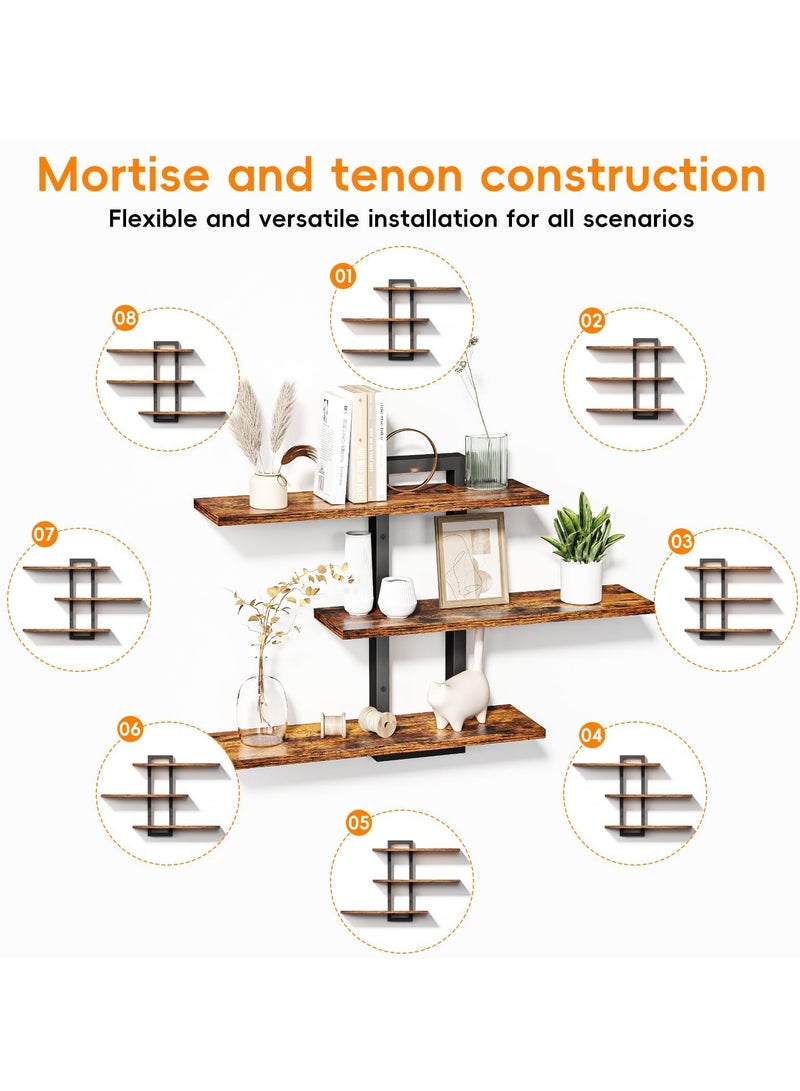 XiuWoo Floating Shelves for Wall, Wood Wall Shelves for Bathroom, 3 Tier Shelves for Wall Decor, Decorative Hanging Storage Shelf for Bedroom Kitchen Living Room, Rustic Brown and Black - Image 5