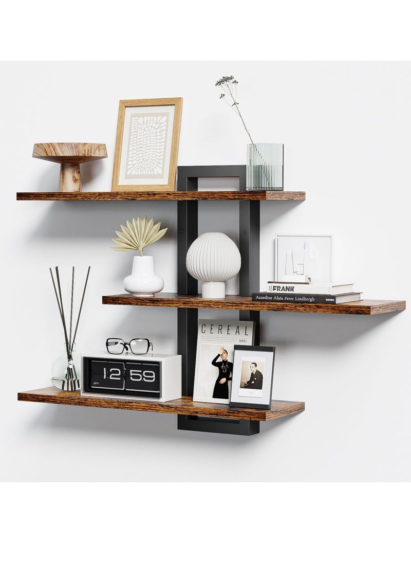 XiuWoo Floating Shelves for Wall, Wood Wall Shelves for Bathroom, 3 Tier Shelves for Wall Decor, Decorative Hanging Storage Shelf for Bedroom Kitchen Living Room, Rustic Brown and Black - Image 2