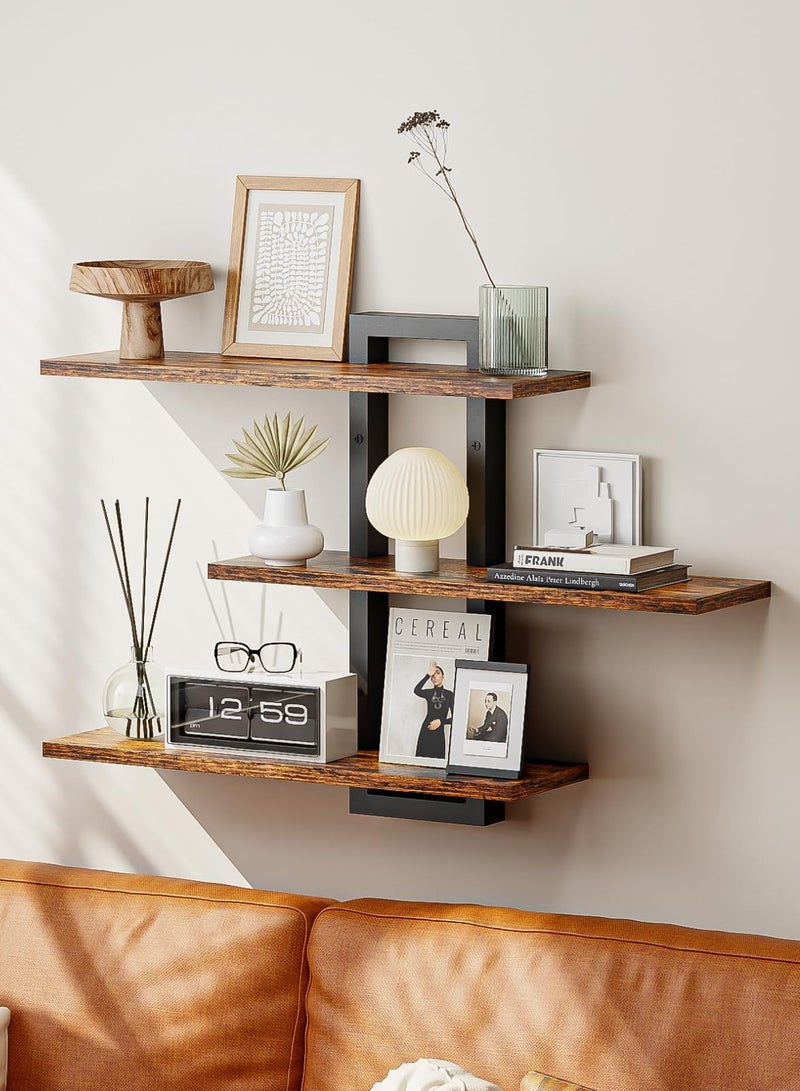 XiuWoo Floating Shelves for Wall, Wood Wall Shelves for Bathroom, 3 Tier Shelves for Wall Decor, Decorative Hanging Storage Shelf for Bedroom Kitchen Living Room, Rustic Brown and Black - Image 1