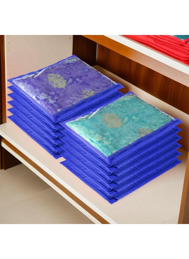 Kuber Industries Kuber Industries Foldable saree covers with Zip| Single Saree Storage Bags |Clothes Organiser for wardrobe |Transparent Top With Premium Zipper|Pack of 12 (Blue)  - Image 1