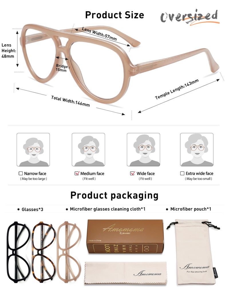 AMOMOMA 3 Pack Retro Aviator Reading Glasses for Women Men,Classic Large Oversized Reader Blue Light Computer Frame AM6111 C1+C2+C4 1.5X - Image 4