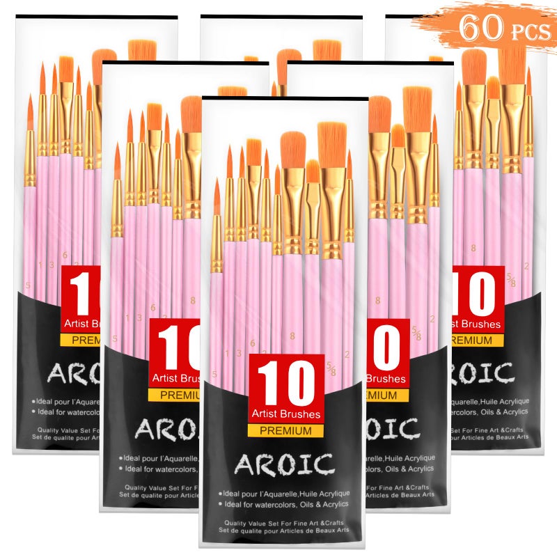 AROIC Acrylic Paint Brushes 6 Packs60 pcs Nylon Hair Paint Brush Set for All Purpose Oil Watercolor Painting Artist Professional Kits Pink