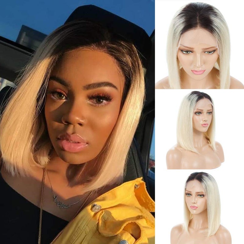 Hair Ombre 613 Color Shoulder Length Bob Front Lace Wig Remy Virgin Human Hair Two Tone Dark Roots 1B 613 Glueless Bob Cut Wig with Baby Hair 150 Density 8 Inches