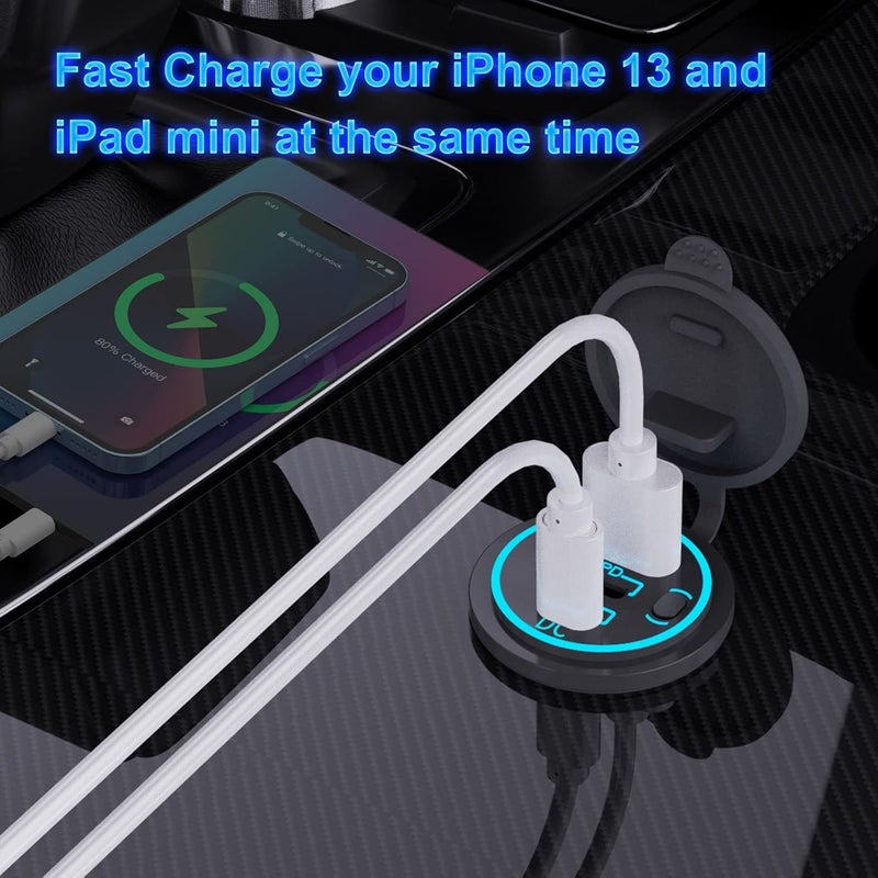 Hapytrip مقبس USB 12 فولت مع سلك شاحن متعدد المنافذ، منفذي USB-C PD3.0 ومنفذ Quick Charge 3.0 مع مفتاح طاقة، شحن سريع لأجهزة iPhone وiPad وهواتف Android، مناسب للسيارات والقوارب والمركبات الترفيهية والمركبات البحرية والمركبات الرباعية. - Image 3