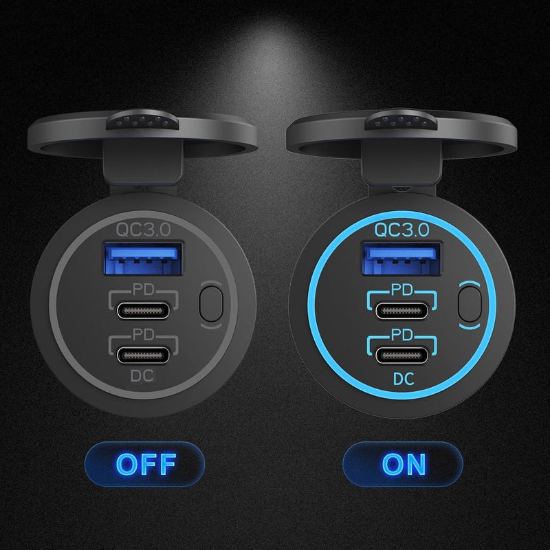 Hapytrip مقبس USB 12 فولت مع سلك شاحن متعدد المنافذ، منفذي USB-C PD3.0 ومنفذ Quick Charge 3.0 مع مفتاح طاقة، شحن سريع لأجهزة iPhone وiPad وهواتف Android، مناسب للسيارات والقوارب والمركبات الترفيهية والمركبات البحرية والمركبات الرباعية. - Image 4