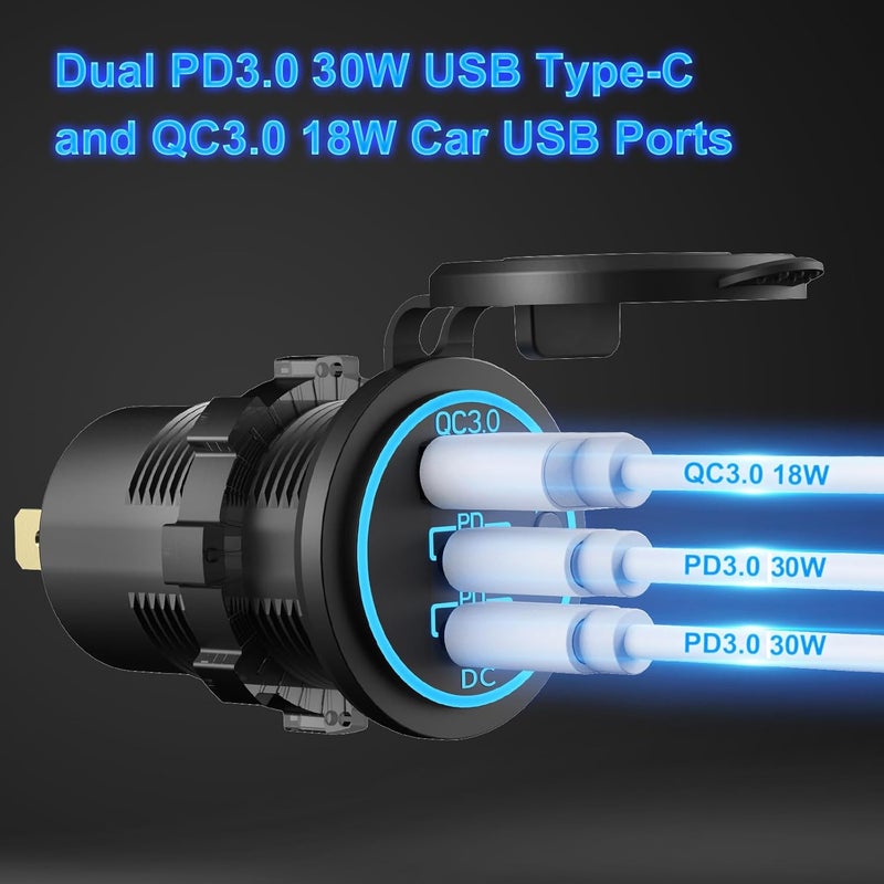 Hapytrip مقبس USB 12 فولت مع سلك شاحن متعدد المنافذ، منفذي USB-C PD3.0 ومنفذ Quick Charge 3.0 مع مفتاح طاقة، شحن سريع لأجهزة iPhone وiPad وهواتف Android، مناسب للسيارات والقوارب والمركبات الترفيهية والمركبات البحرية والمركبات الرباعية. - Image 2