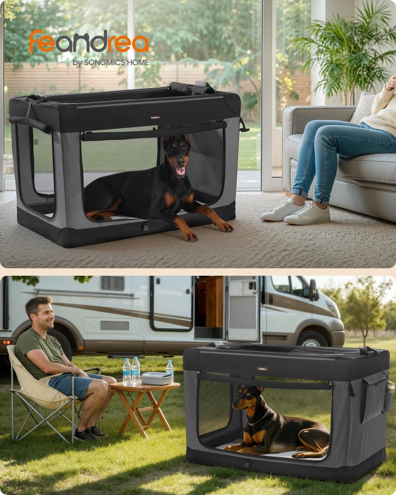 Feandrea Collapsible Dog Crate, 48-Inch Portable Dog Travel Crate for Extra Large Dogs, Oxford Fabric Pet Carrier with 4 Mesh Doors, Handles, Storage Pocket, Water Bottle Holder, Ink Black UPDC022BH01 - Image 2