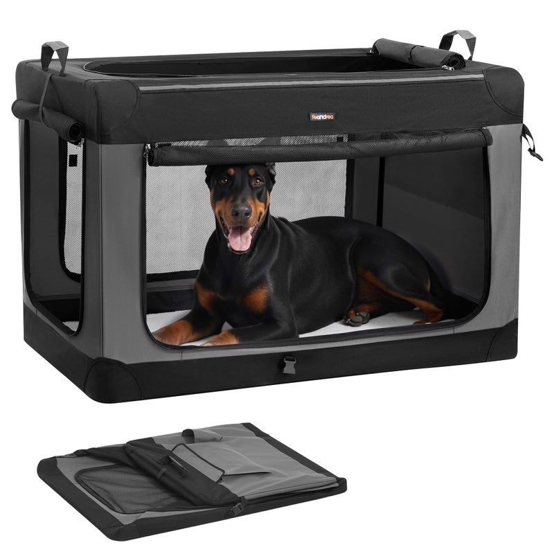 Feandrea Collapsible Dog Crate, 48-Inch Portable Dog Travel Crate for Extra Large Dogs, Oxford Fabric Pet Carrier with 4 Mesh Doors, Handles, Storage Pocket, Water Bottle Holder, Ink Black UPDC022BH01 - Image 1