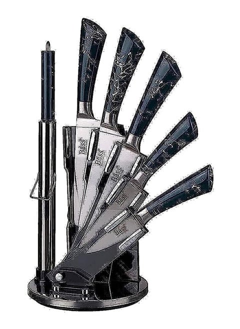 Bass Kitchen Knife Set, Steak Knife and Utility Knives Set - Ultra Sharp High Carbon Stainless Steel Knives with Comfortable Handles (Set of 7, Black Stripe A)
