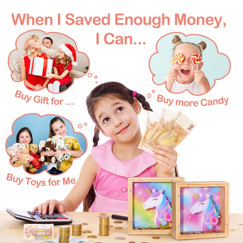 ICOSY Wooden Piggy Bank for Kids Boys Girls, DIY Name Coin Bank Unicorn Dinosaur Money Bank with Letter Stickers - Image 3