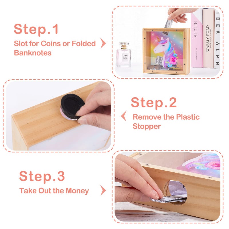 ICOSY Wooden Piggy Bank for Kids Boys Girls, DIY Name Coin Bank Unicorn Dinosaur Money Bank with Letter Stickers - Image 4