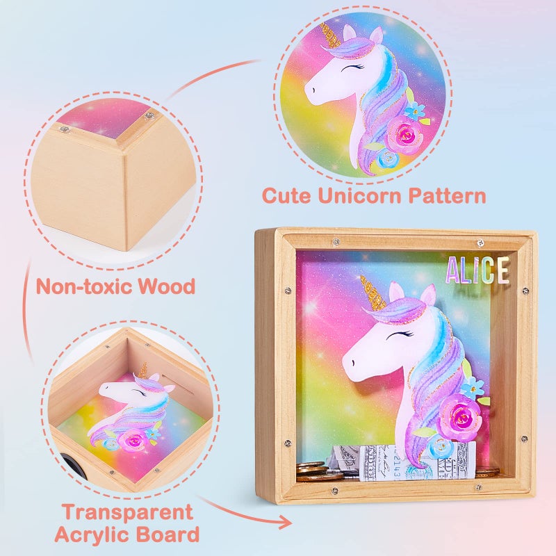 ICOSY Wooden Piggy Bank for Kids Boys Girls, DIY Name Coin Bank Unicorn Dinosaur Money Bank with Letter Stickers - Image 5