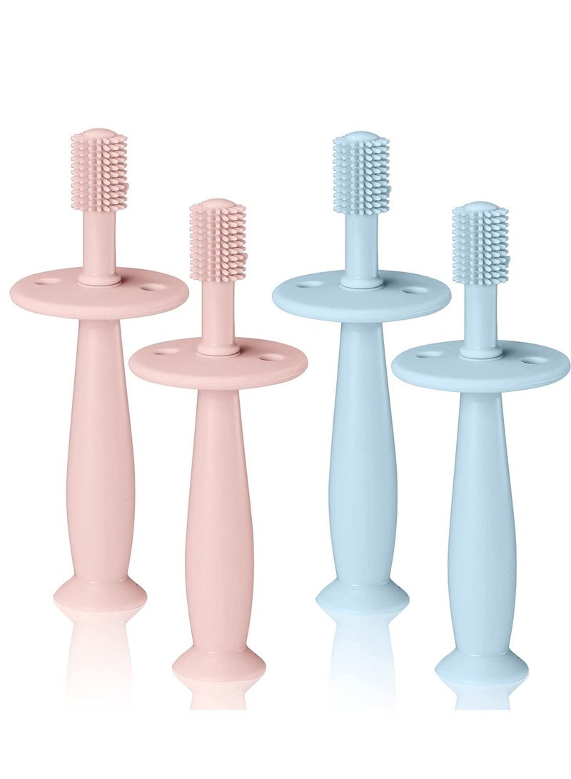 KASTWAVE Toddler Training Toothbrush Baby Toothbrush with Suction Base Baby Tooth Brush with Anti Choke Silicone Toothbrush Toddler for Infant Toddler Kids Boys Girls Baby Teeth, Blue, Pink 4 Pack - Image 1